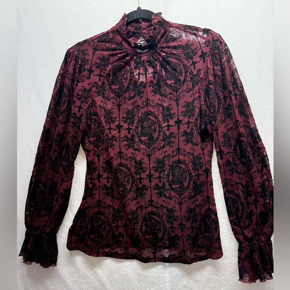 Moody Dark Fairy “Unique Vintage” Burgundy Long-Sleeve Lace-Overlay Blouse GOTHS